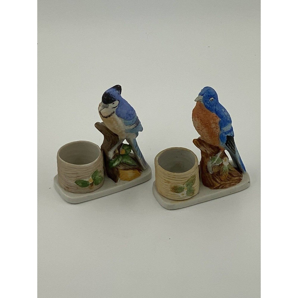 2 Jasco Ceramic Bisque Porcelain Bluebird Birds Figurine Candle Holders